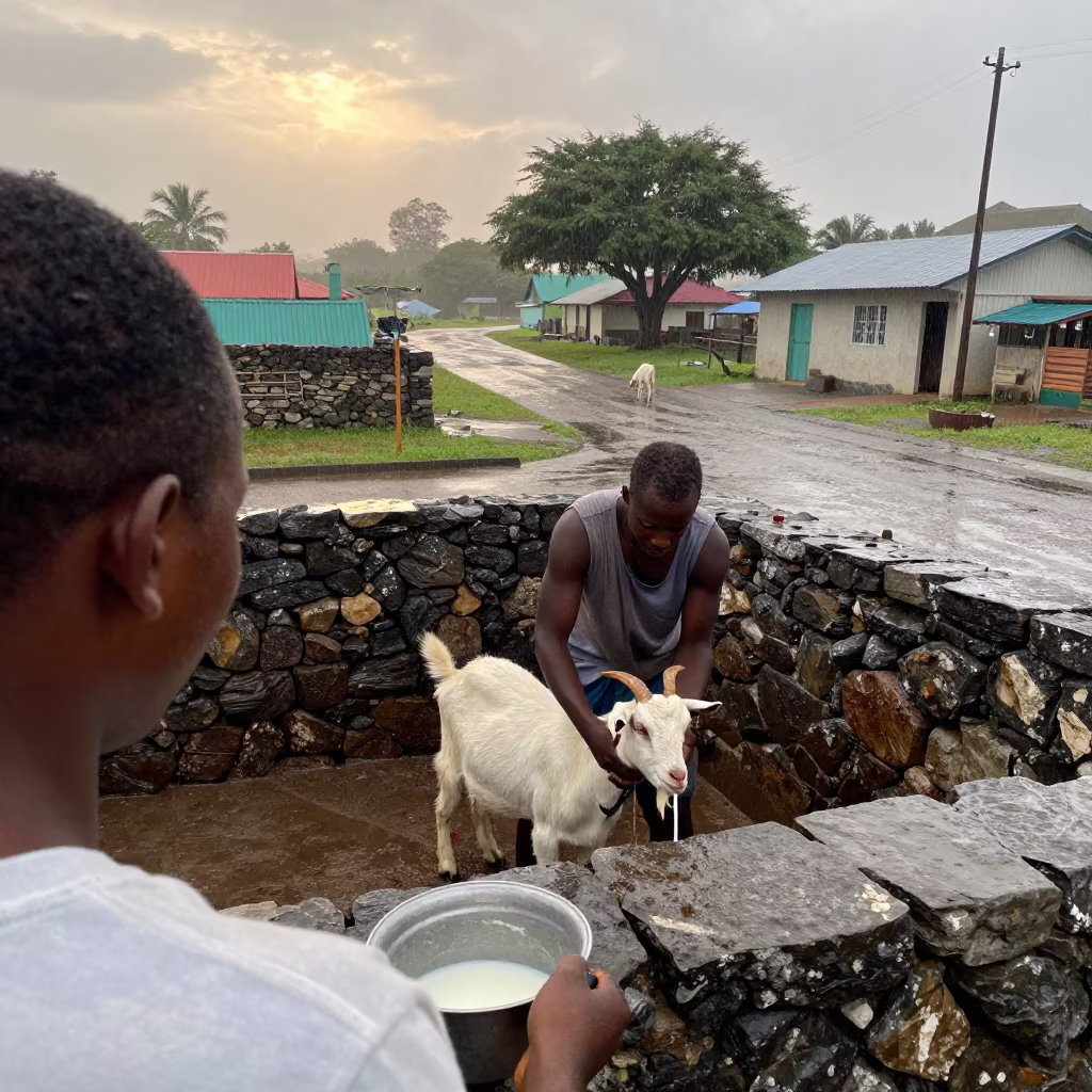 Shepherd Milking Goat in Stone Pen at Dawn in in a village lane near Port Louis