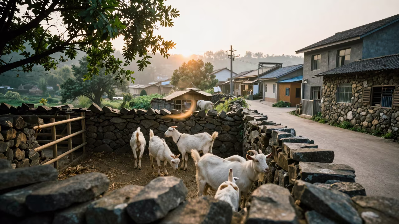 Shepherd Milking Goat in Stone Pen at Dawn in in a village lane near Chongqing