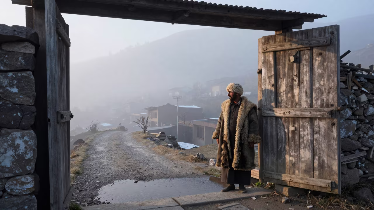 Shepherd in Mist Near Barn Door Mountain Path in on a mountain path near Shah Faisal Town