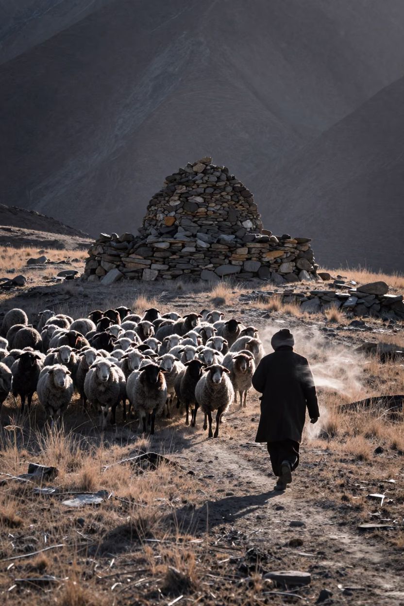 Shepherd Silhouette in Copper Light Before Dusk in beside a summit cairn above the tree line near Leh