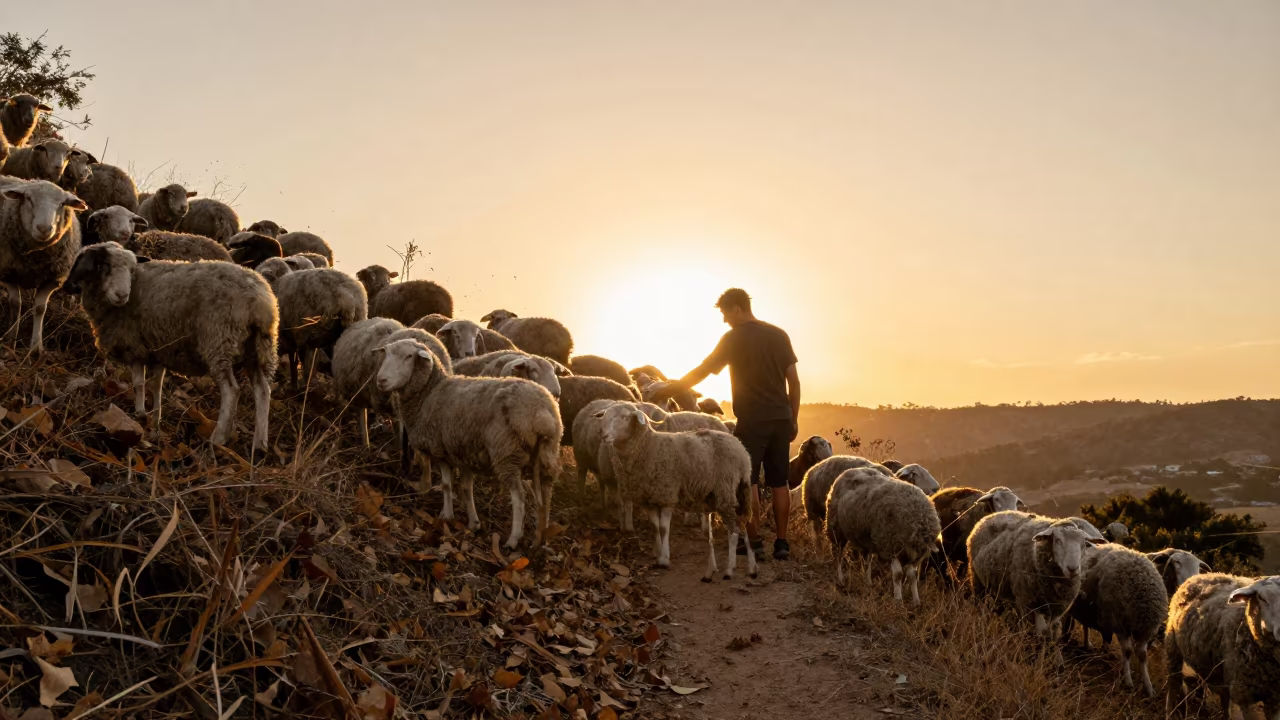 Shepherd Silhouette Counting Sheep on Mountain Path in on a mountain path near Santiago de Cuba