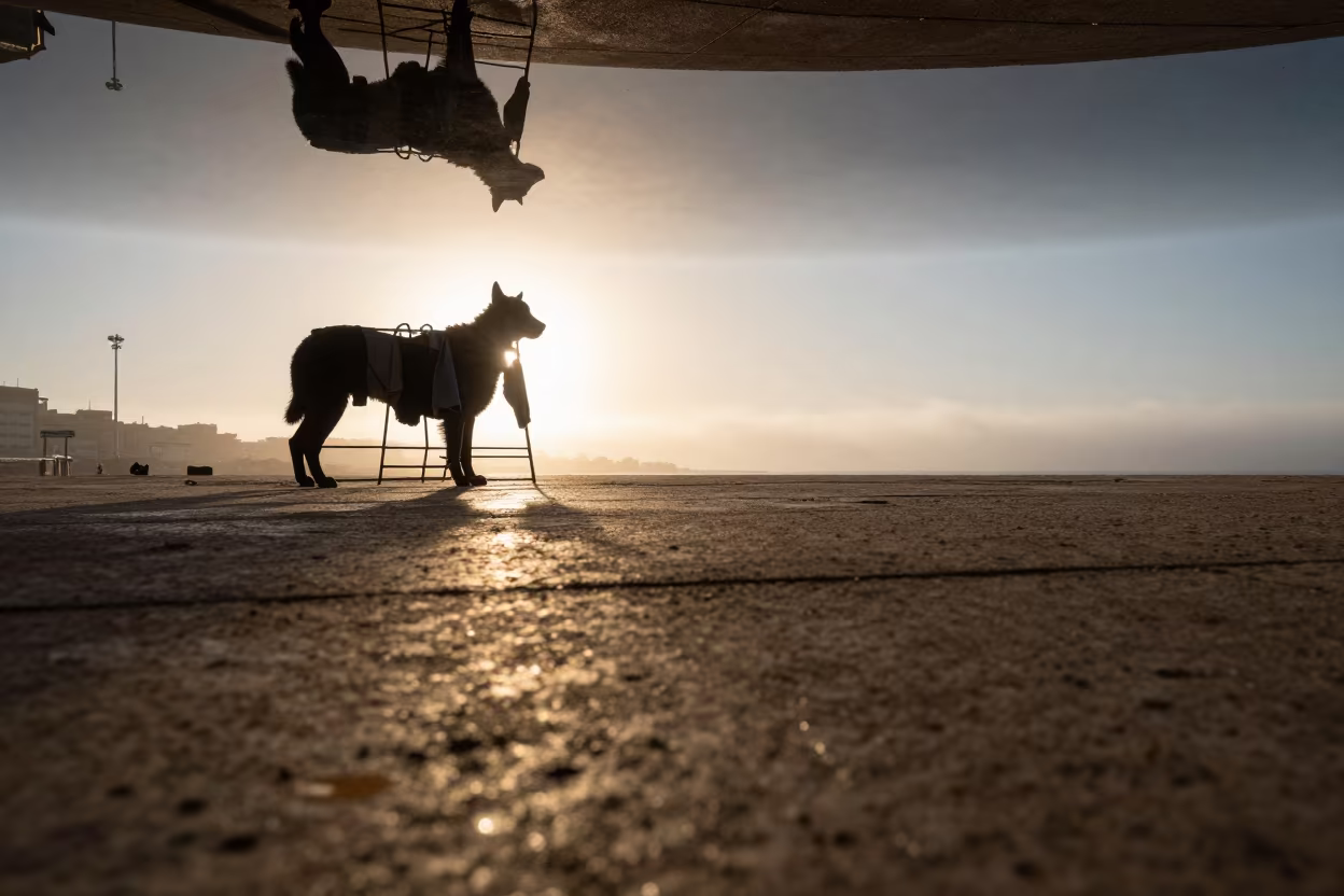 Shepherd Silhouette Reflected in Ceiling Water in at a harbor quay near Rabat