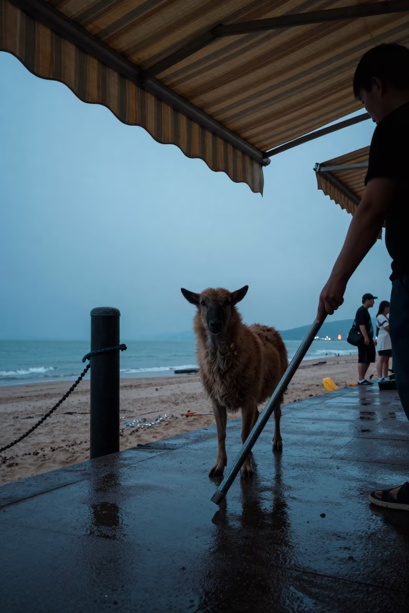 Shepherd Under Awning in Late Summer Drizzle in along a beach near Pyongyang