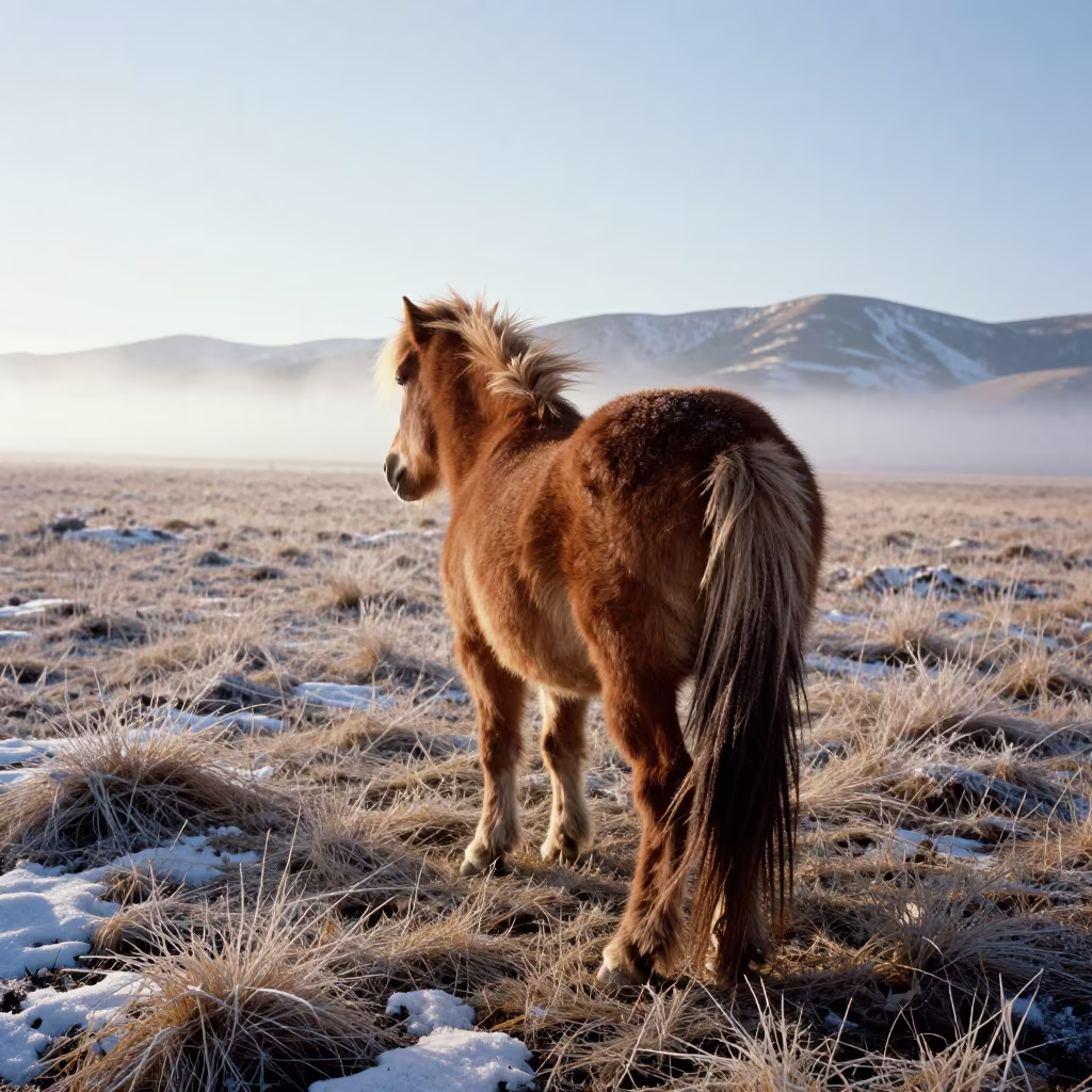 Shetland Pony on Foggy Nebraska Winter Moor in in Nebraska