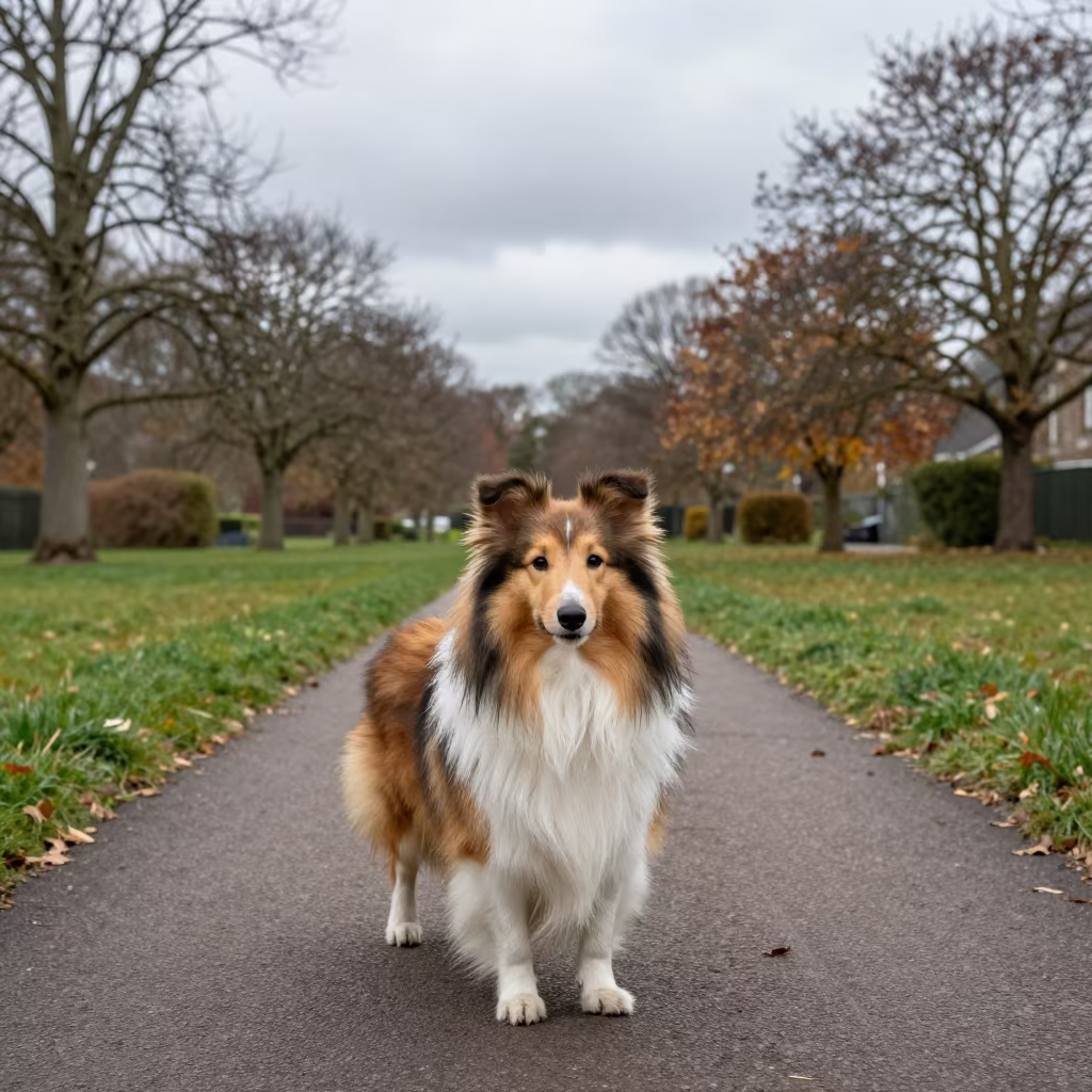 Shetland Sheepdog on Autumn Park Path in in a small yard with clipped grass, calm light, and the animal centered in frame near Dresden