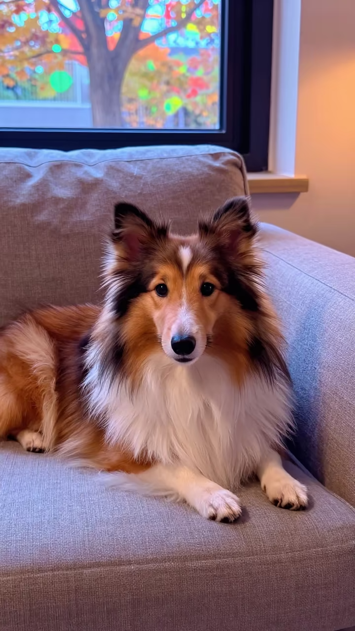 Shetland Sheepdog on Linen Sofa in Busan Night in on a linen sofa with daylight from a nearby window near Seomyeon, Busan