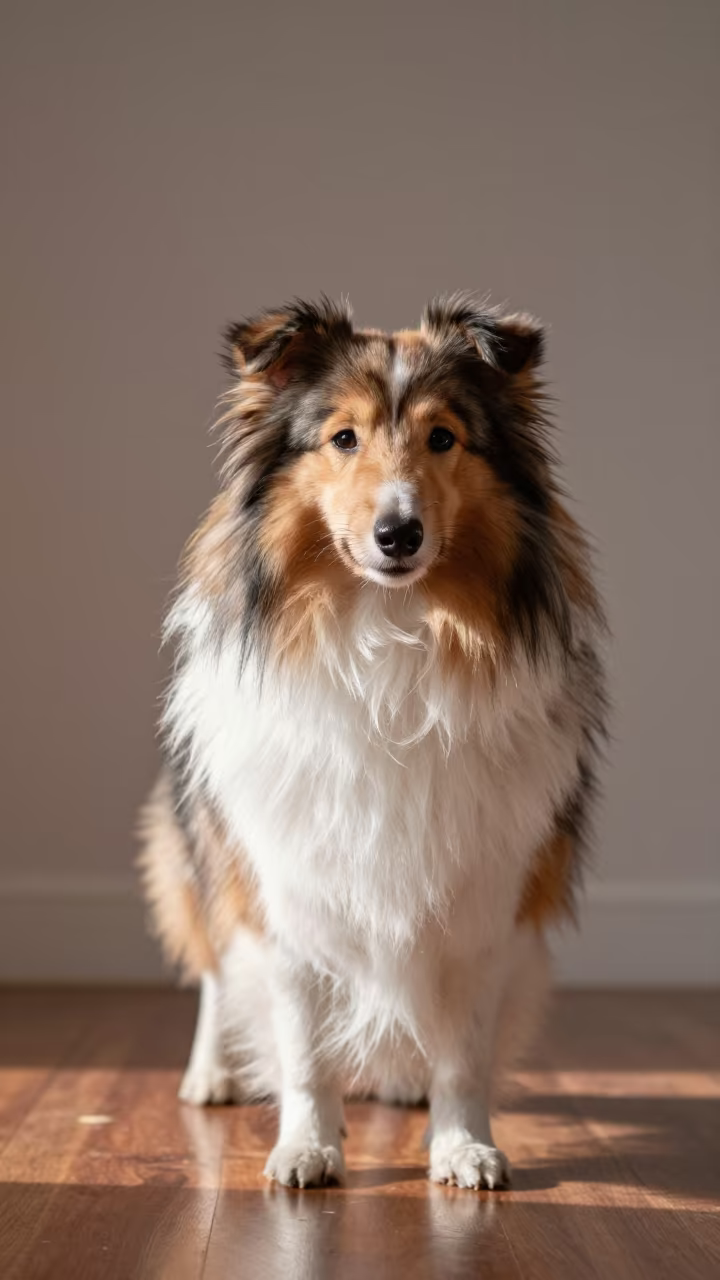 Shetland Sheepdog Portrait in Copper Studio Light in in a quiet portrait studio with a plain backdrop and eye-level framing near Amritsar