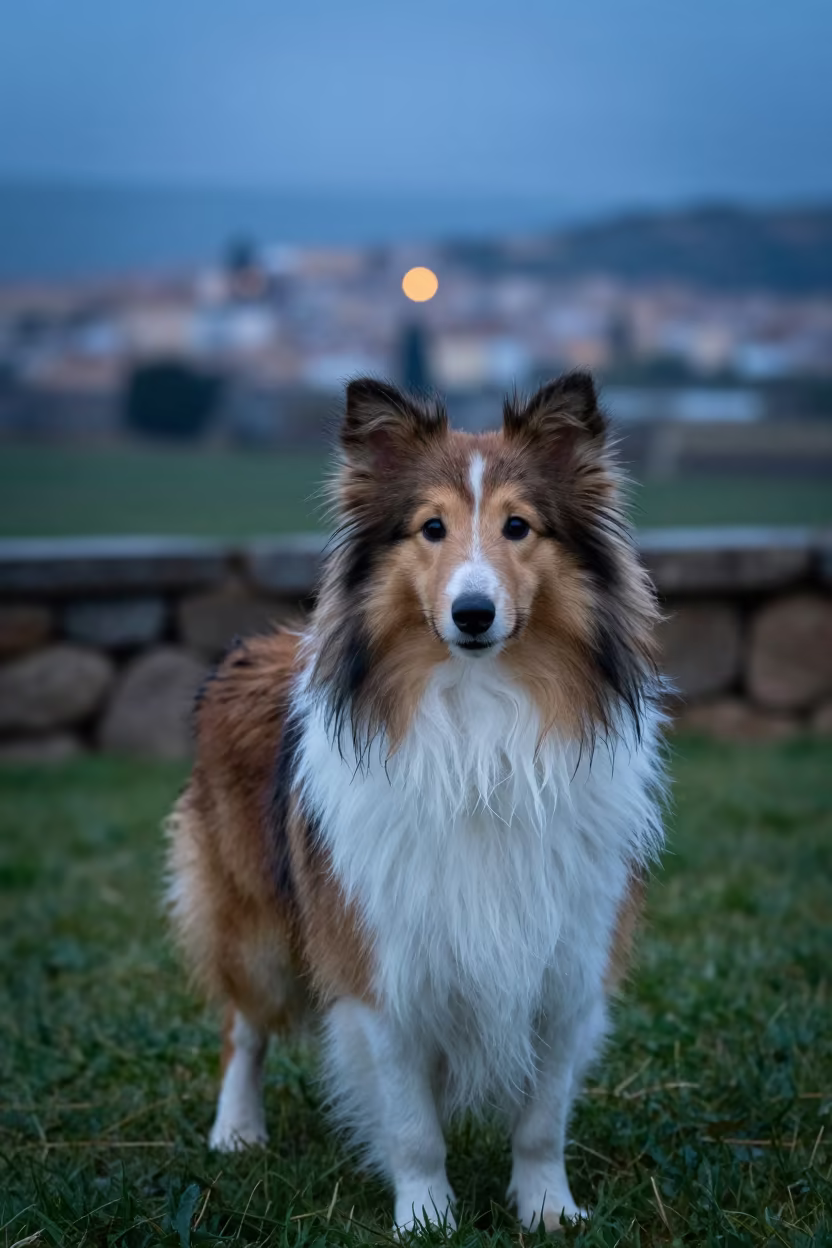 Shetland Sheepdog Portrait in Fez Yard After Rain in in a small yard with clipped grass, calm light, and the animal centered in frame near Fez