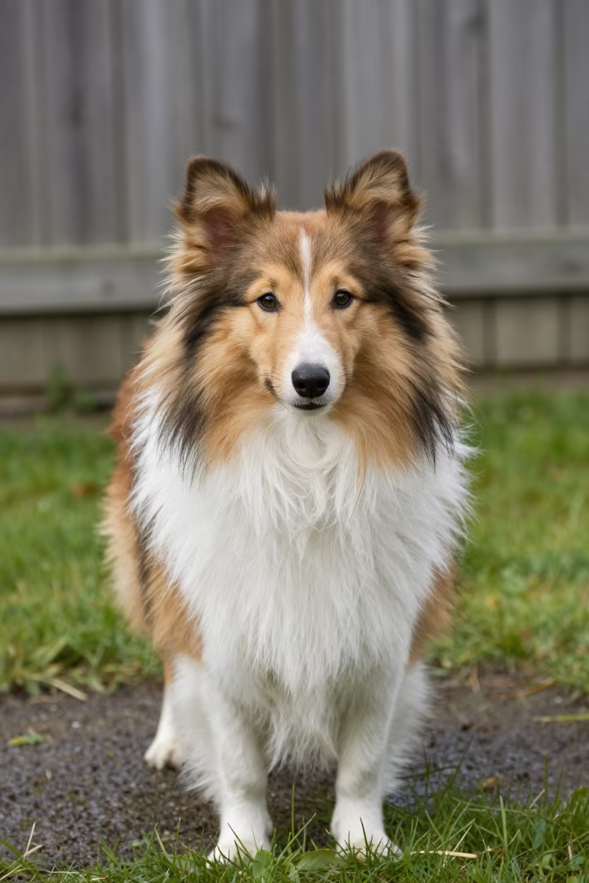 Shetland Sheepdog Portrait in Midsummer Yard in in a small yard with clipped grass, calm light, and the animal centered in frame near Sendai