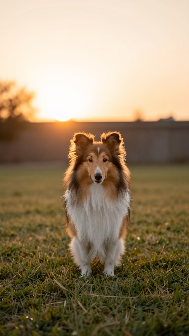 Shetland Sheepdog Portrait in Patiala Yard in in a small yard with clipped grass, calm light, and the animal centered in frame in Patiala