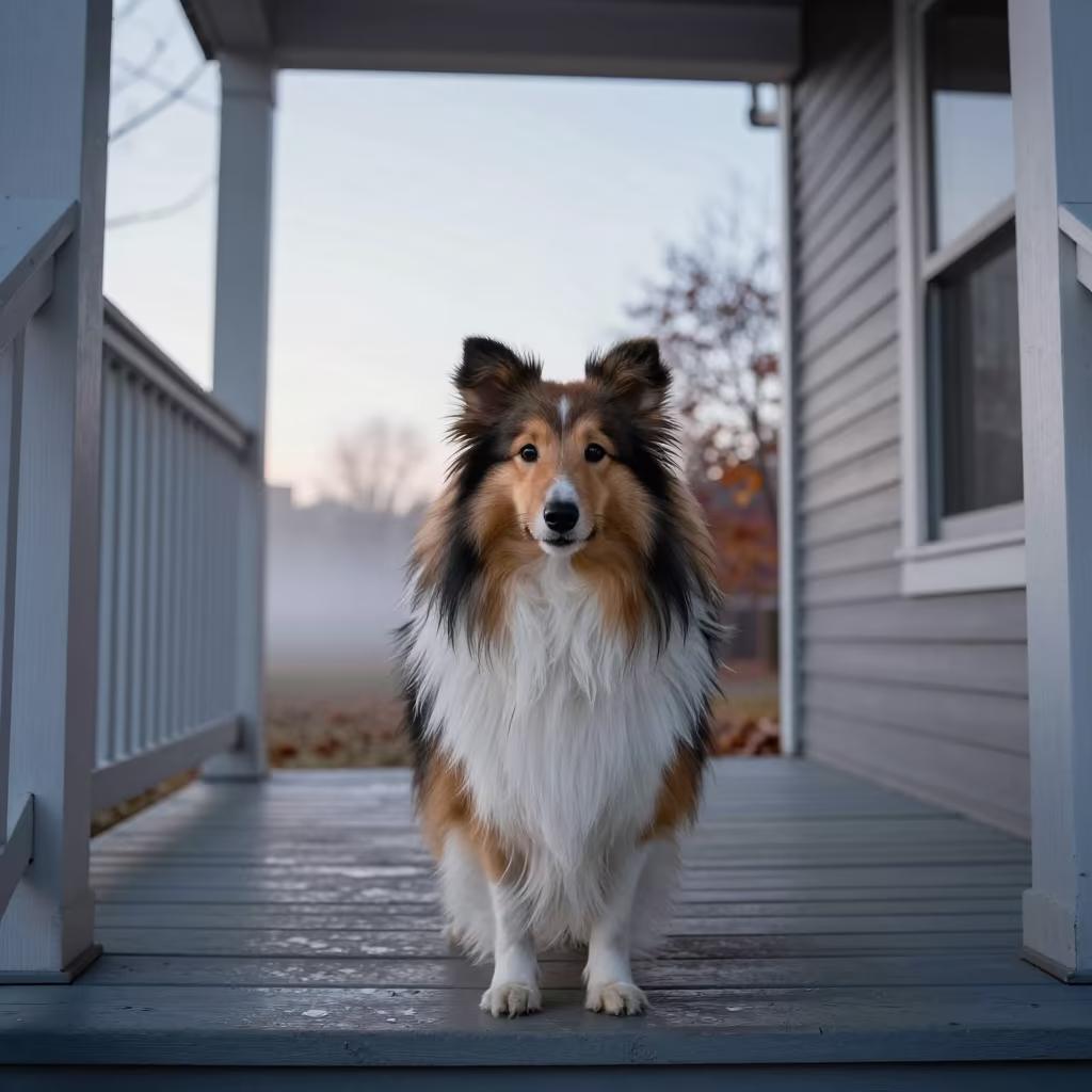 Shetland Sheepdog Portrait on Shaded Milwaukee Porch in on a shaded front porch with boards, railings, and eye-level framing in Milwaukee