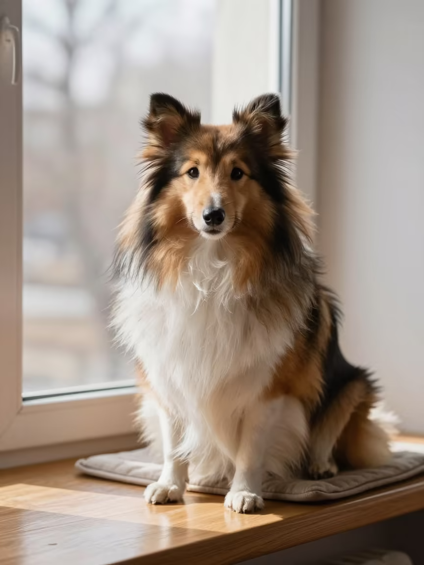 Shetland Sheepdog Portrait on Window Seat Karaganda in on a cushioned window seat with soft side light and an uncluttered background in Karaganda