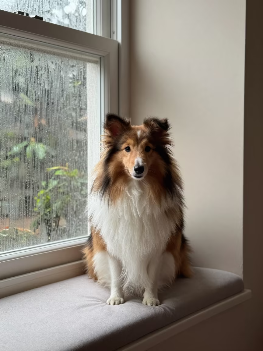 Shetland Sheepdog Portrait on Window Seat in on a cushioned window seat with soft side light and an uncluttered background in Chennai