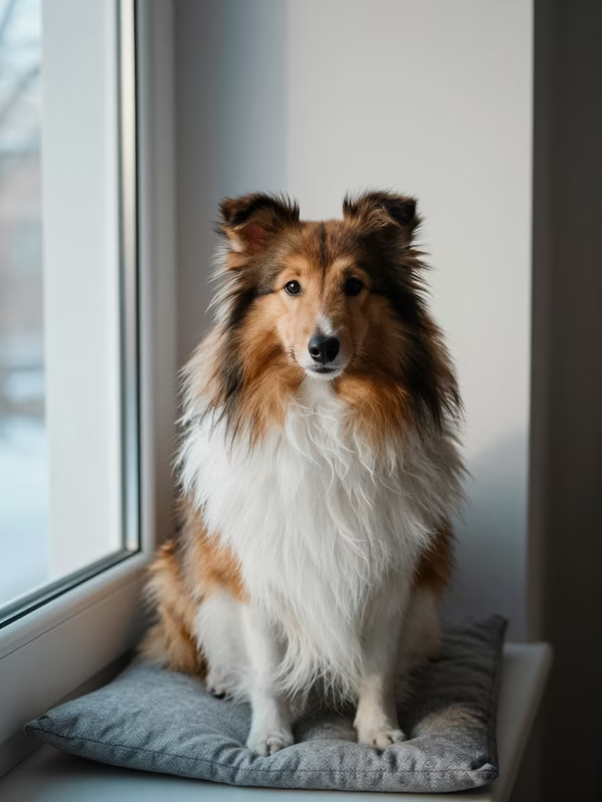 Shetland Sheepdog Portrait Winter Window Light in on a cushioned window seat with soft side light and an uncluttered background in Bydgoszcz