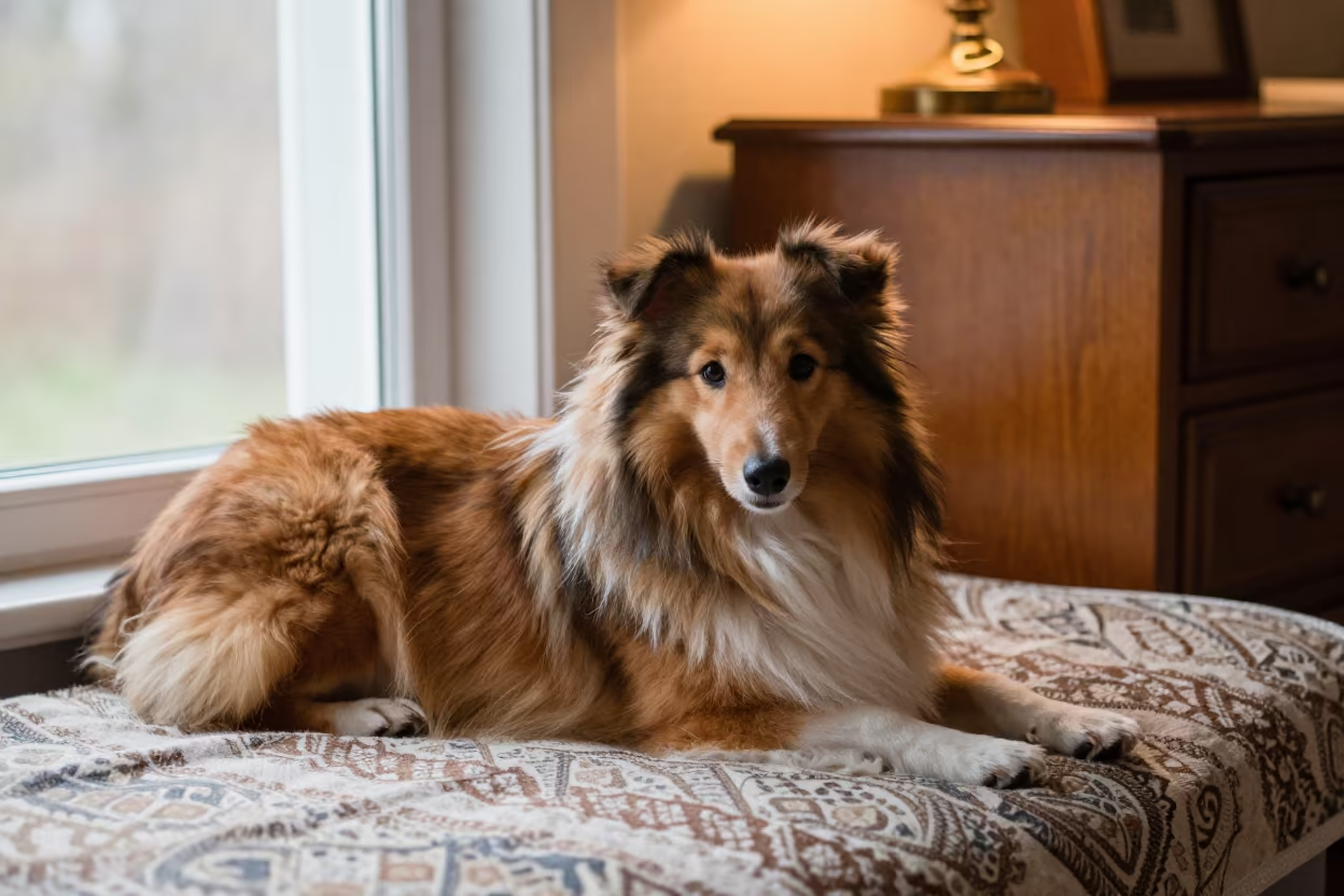 Shetland Sheepdog Resting on Bedspread Near Window in on a bedspread near a bright window with calm indoor light in Wolaita Sodo