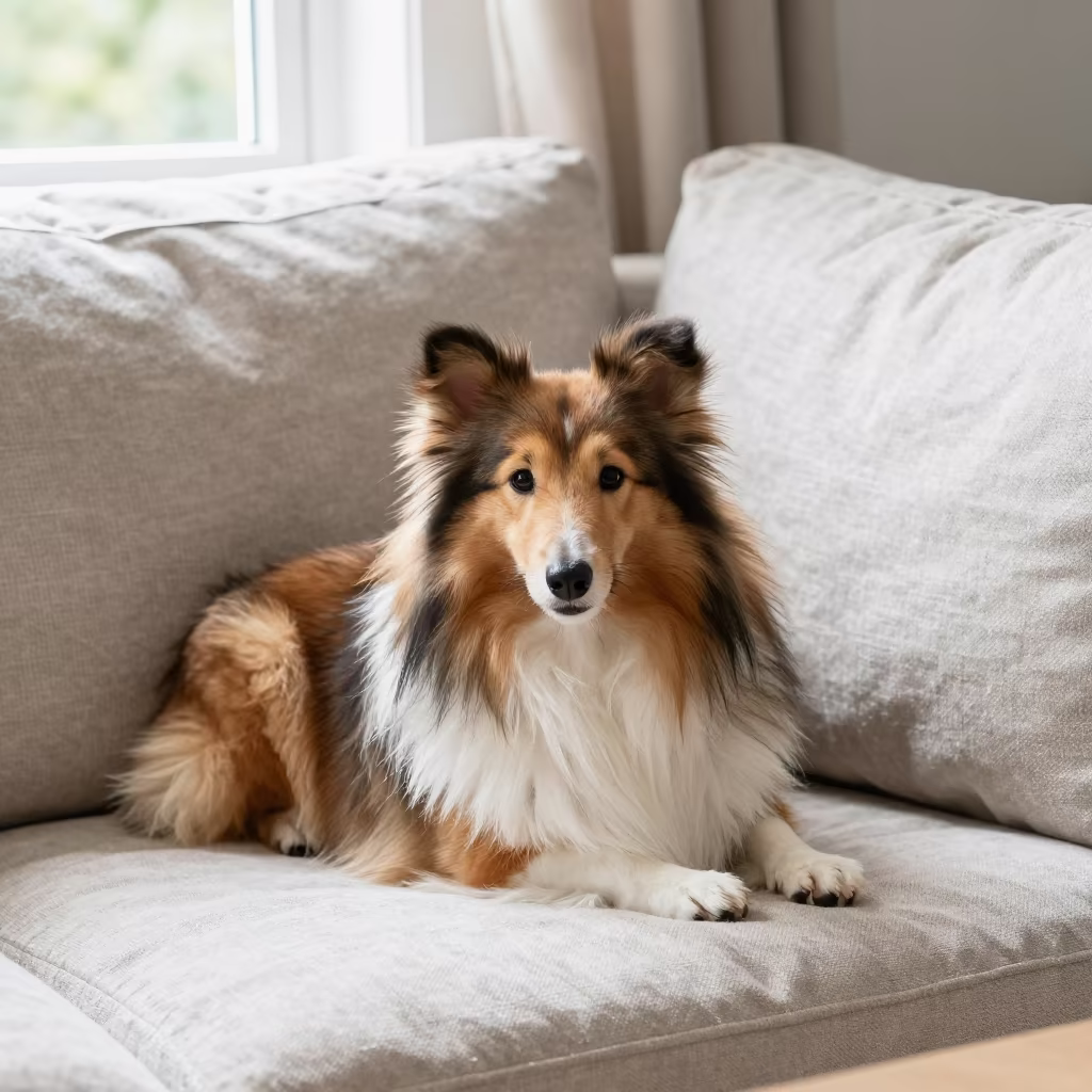 Shetland Sheepdog Resting on Linen Sofa in Morning Light in on a linen sofa with daylight from a nearby window near Adana