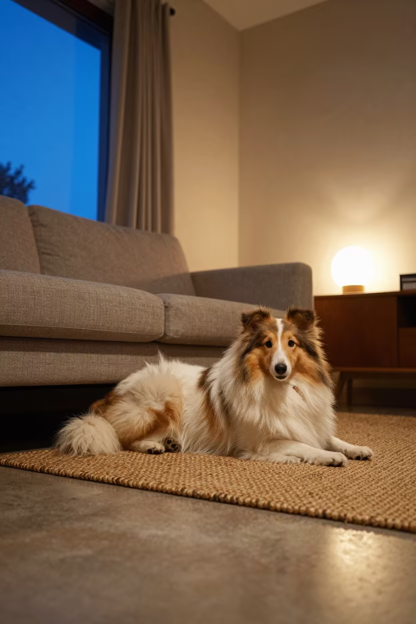 Shetland Sheepdog Resting on Woven Rug in Ensenada Home in on a woven rug beside a low couch and an uncluttered wall in Ensenada