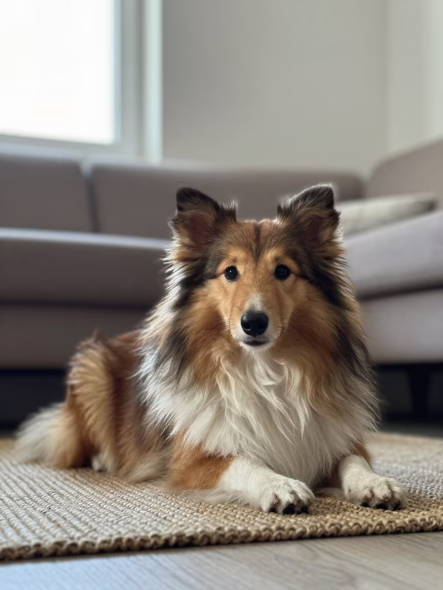 Shetland Sheepdog Resting on Woven Rug in on a woven rug beside a low couch and an uncluttered wall in Tolyatti