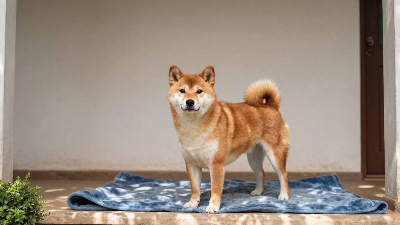 Shiba Inu on Shaded Porch Beside Courtyard Wall in beside a plain courtyard wall in clear daylight with the animal at eye level in Kisii