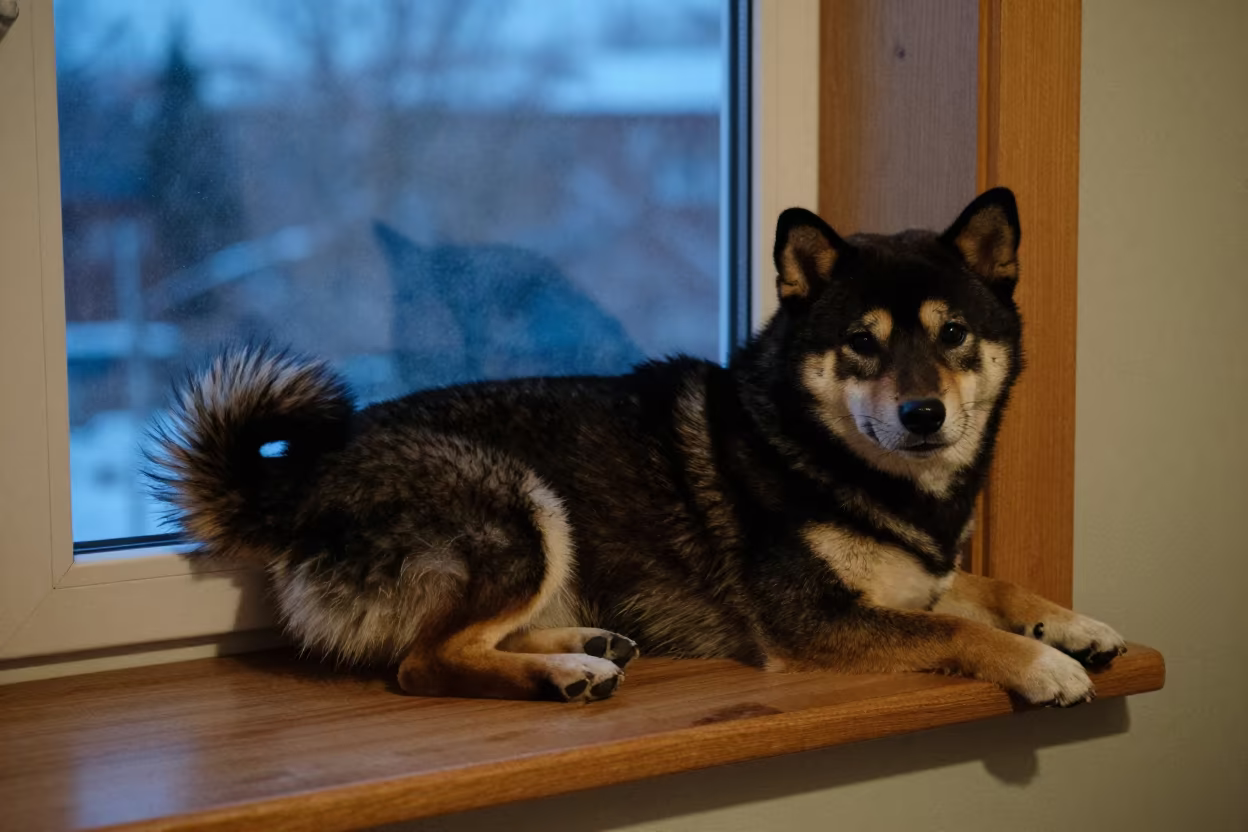 Shiba Inu on Window Seat Winter Twilight in on a window seat in a quiet apartment with soft side light near Erzincan