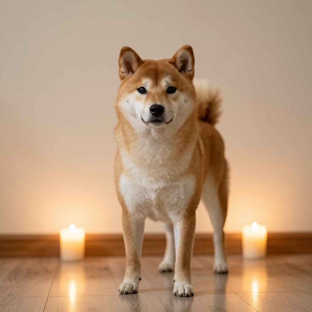 Shiba Inu Portrait Beside Plaster Wall in beside a plain plaster wall in soft indoor light with the animal centered in frame in Nizhny Novgorod