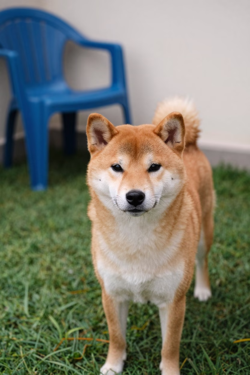 Shiba Inu Portrait in Chimbote Backyard in in a small yard with clipped grass, calm light, and the animal centered in frame in Chimbote