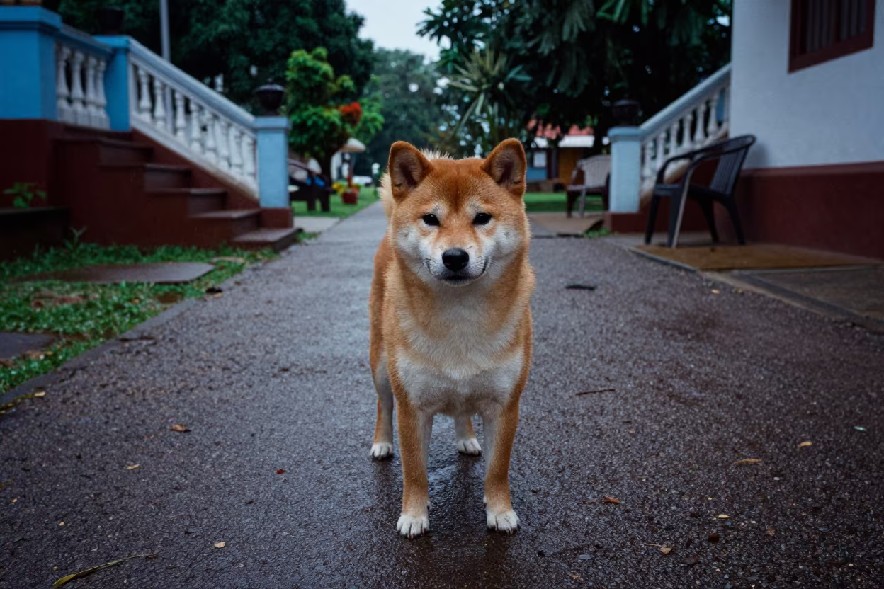 Shiba Inu Portrait in Wet Park Dawn Shadow in along a quiet park path with soft open shade and a clean background in Srivijayapuram