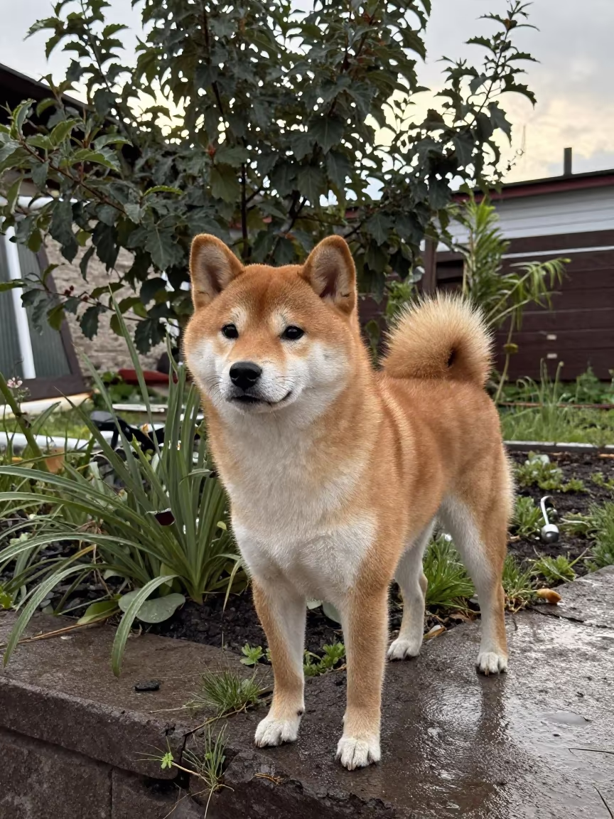 Shiba Inu Portrait Near Garden Edge Soft Light in near a garden edge with soft morning light and an uncluttered background in Irkutsk