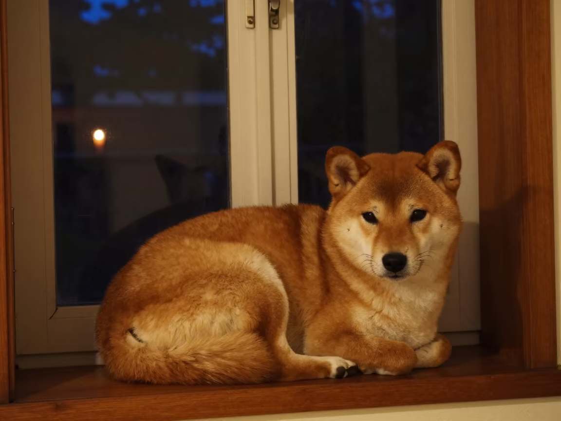 Shiba Inu Resting on Window Seat at Night in on a window seat in a quiet apartment with soft side light in Kampong Cham