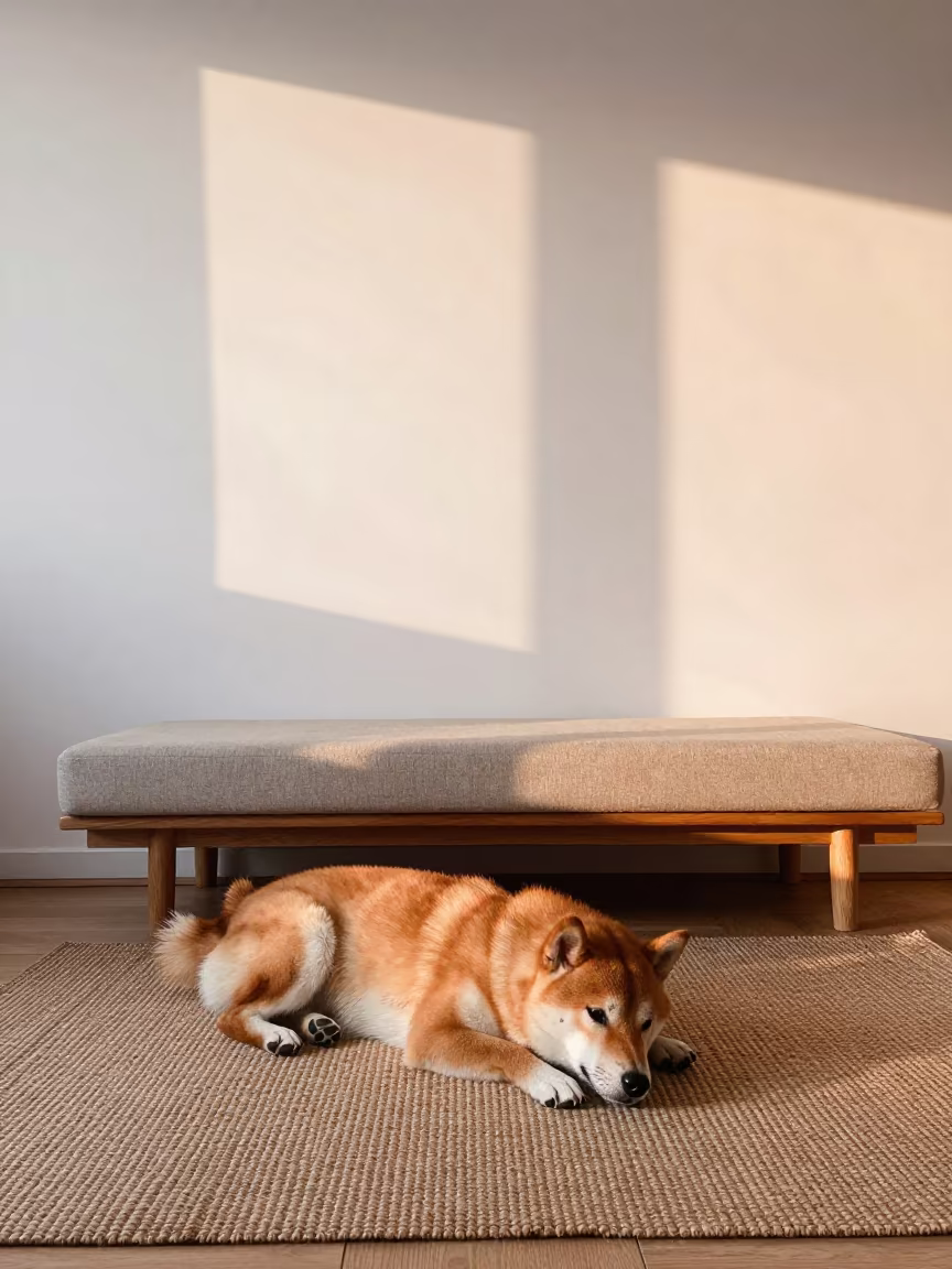 Shiba Inu Resting on Woven Rug in Cologne Home in on a woven rug beside a low couch and an uncluttered wall in Cologne