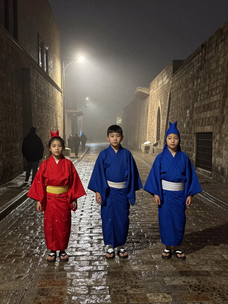 Shichi-Go-San Children in Sulaymaniyah Winter Night in in the old quarter in Sulaymaniyah
