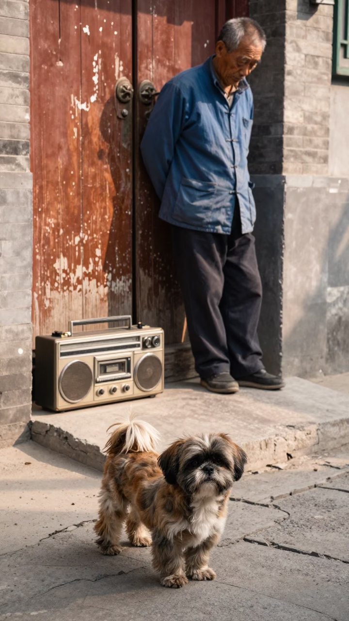 Shih Tzu and Vintage Radio in 1990s Beijing Courtyard Street Scene in in Beijing, China