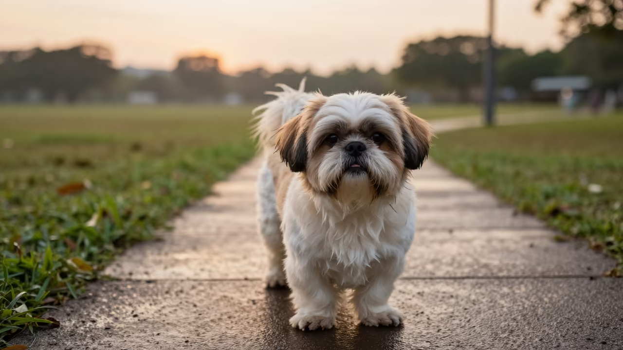 Shih Tzu Centered in Kuantan Yard in in a small yard with clipped grass, calm light, and the animal centered in frame in Kuantan