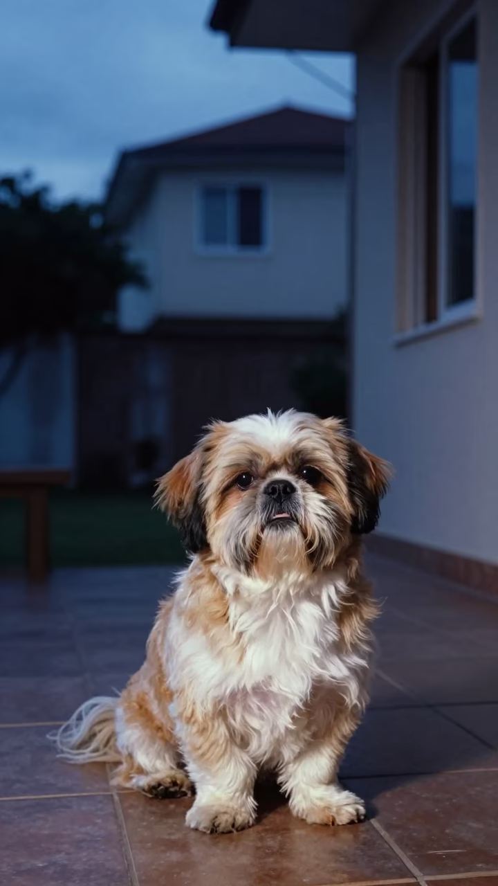 Shih Tzu Dog Sitting on Porch During Twilight in São Paulo Brazil in in São Paulo, Brazil