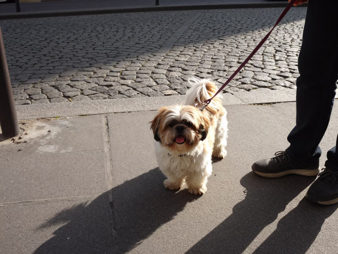 Shih Tzu Leashed on Parisian Sidewalk in Late Afternoon Light in in Paris, France