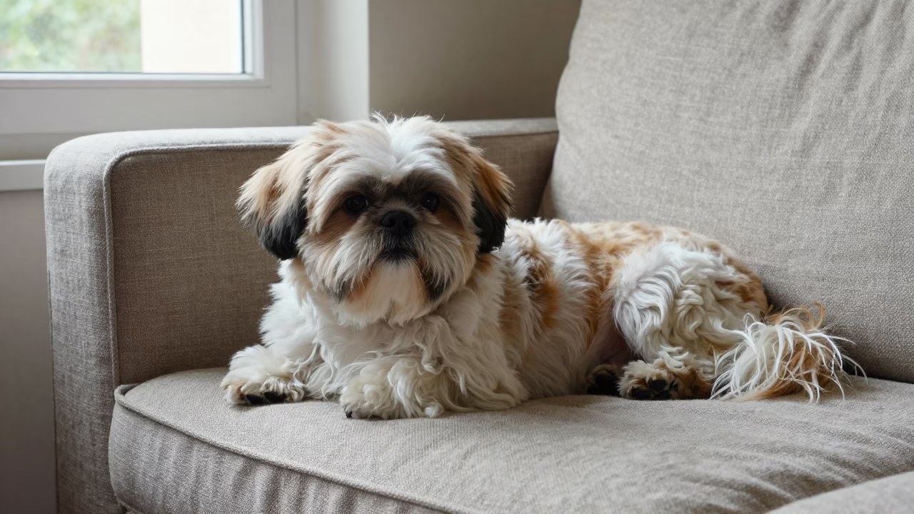 Shih Tzu on Linen Sofa by Milan Window in on a linen sofa with daylight from a nearby window near Milan