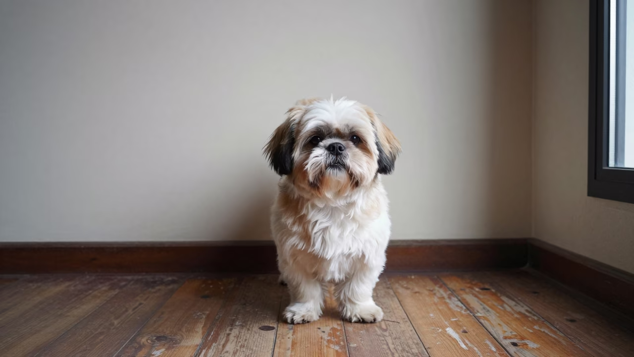 Shih Tzu Portrait Beside Plaster Wall in Tawau in beside a plain plaster wall in soft indoor light with the animal centered in frame in Tawau