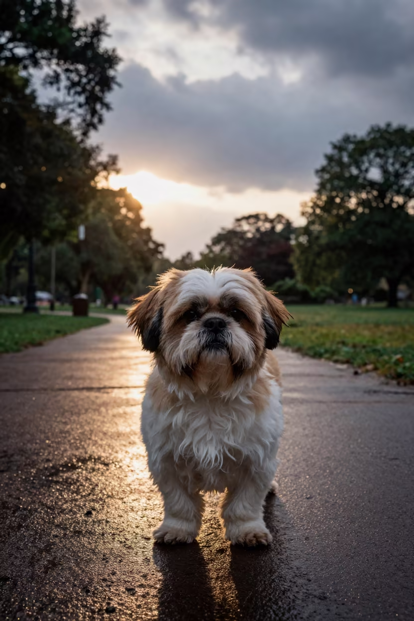 Shih Tzu Portrait in Backlit Monsoon Light in along a quiet park path with soft open shade and a clean background near Bujumbura