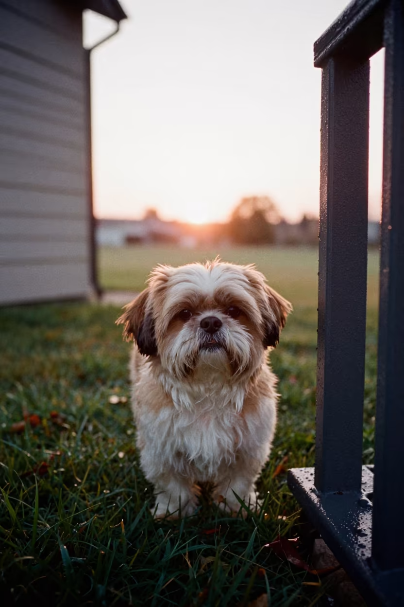 Shih Tzu Portrait in Early Autumn Dawn Light in in a small yard with clipped grass, calm light, and the animal centered in frame near Urumqi