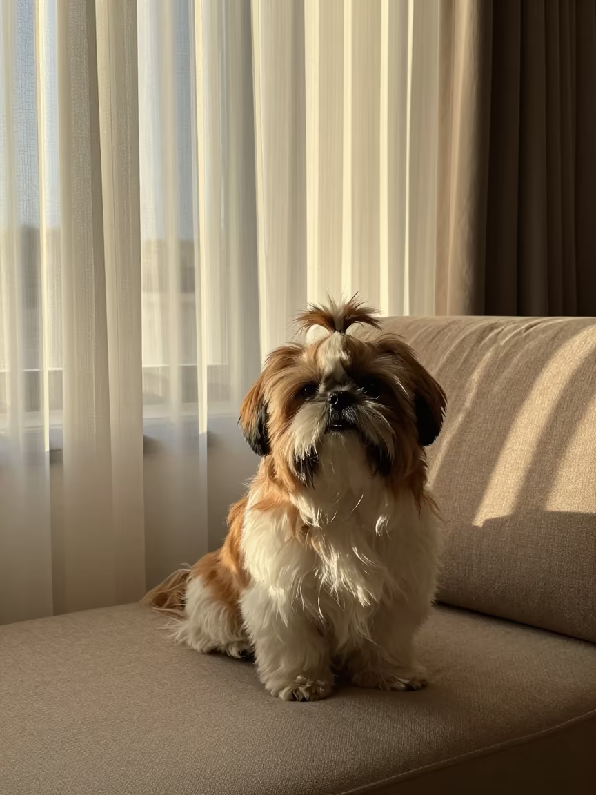 Shih Tzu Portrait Near Curtain in Rabat Morning Light in on a sofa near a curtained window with calm indoor light near Rabat