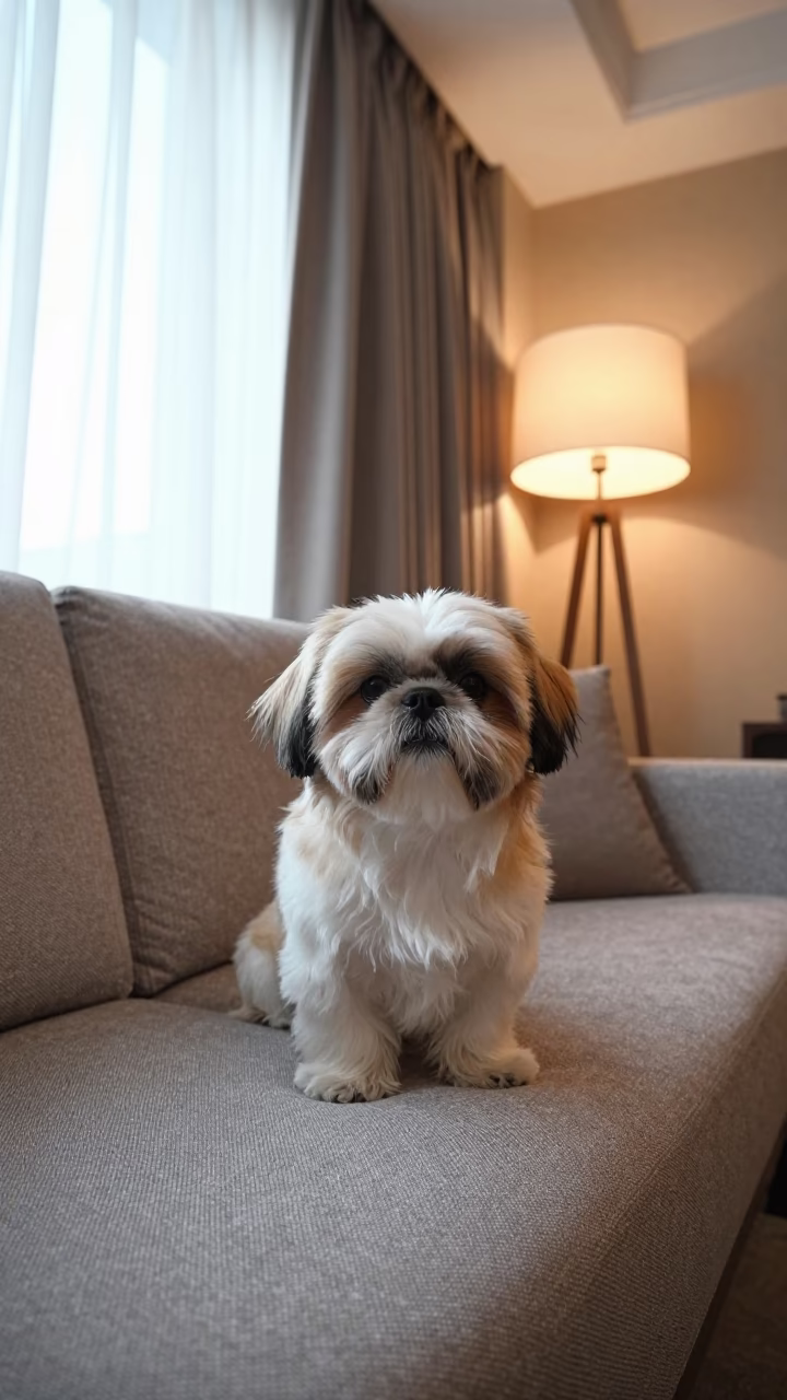 Shih Tzu Portrait Near Curtained Window in Catia La Mar in on a sofa near a curtained window with calm indoor light in Catia La Mar