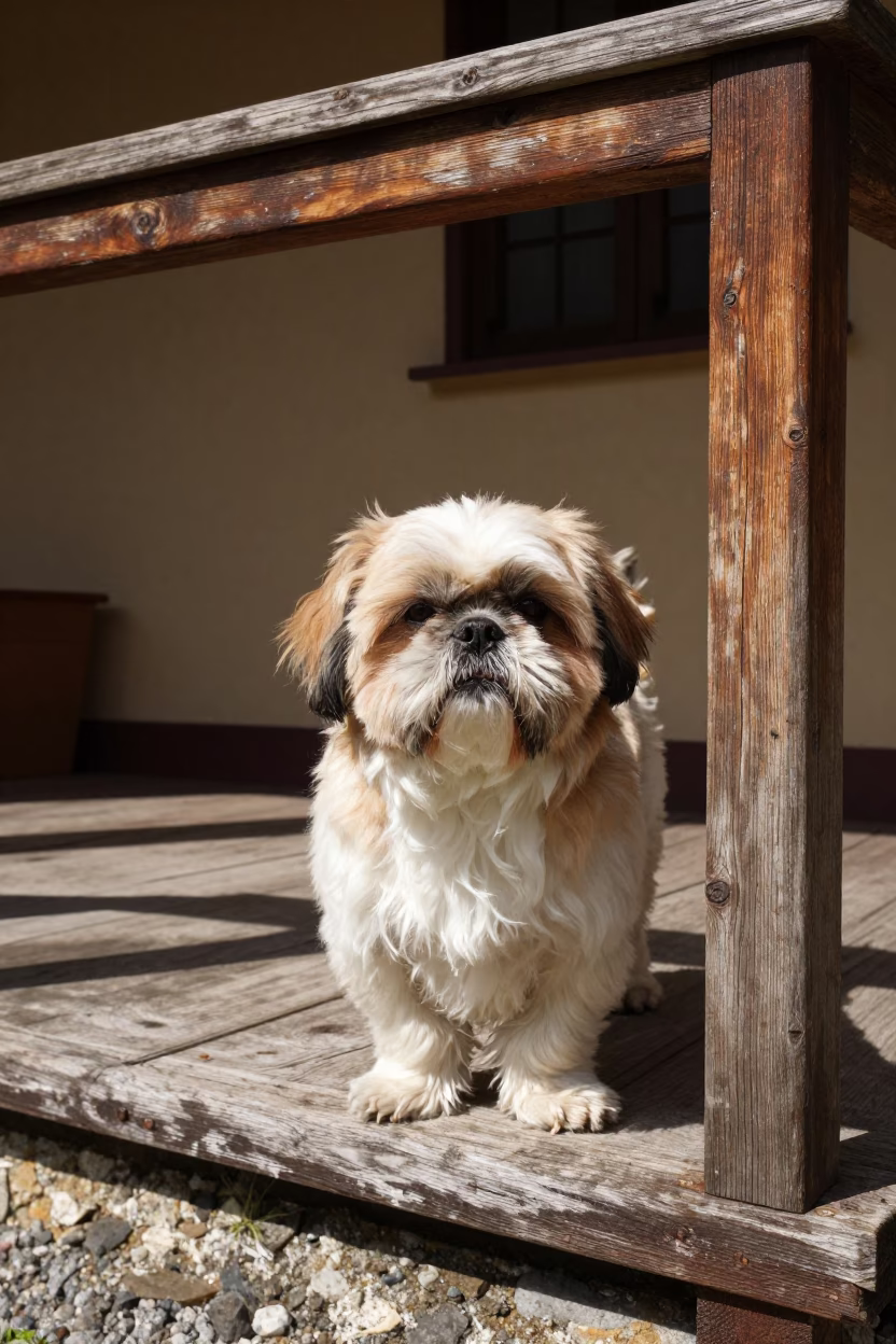 Shih Tzu Portrait on Shaded Bergamo Porch in on a shaded front porch with boards, railings, and eye-level framing in Bergamo