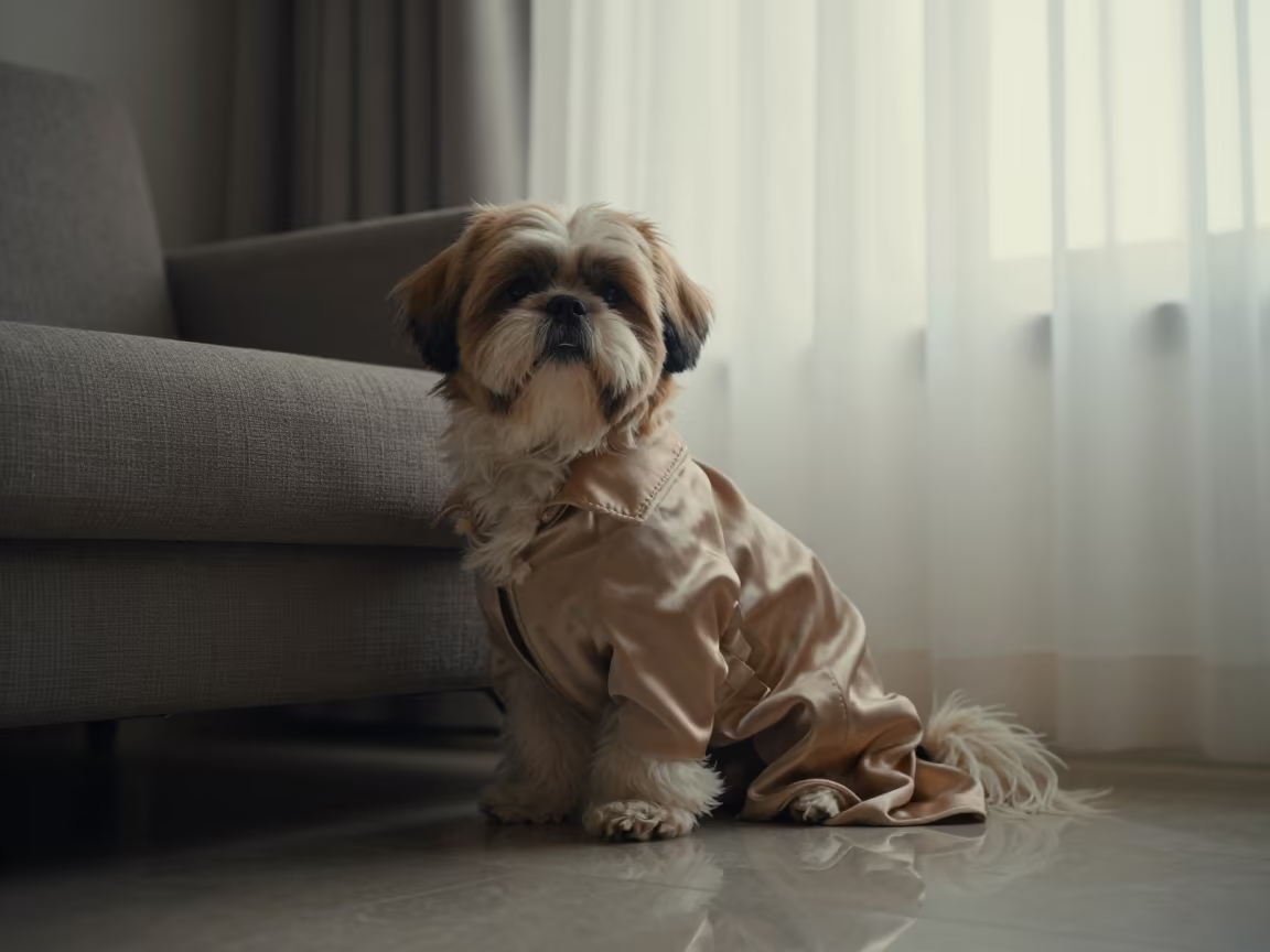 Shih Tzu Portrait on Sofa Near Window in Kisangani in on a sofa near a curtained window with calm indoor light in Kisangani