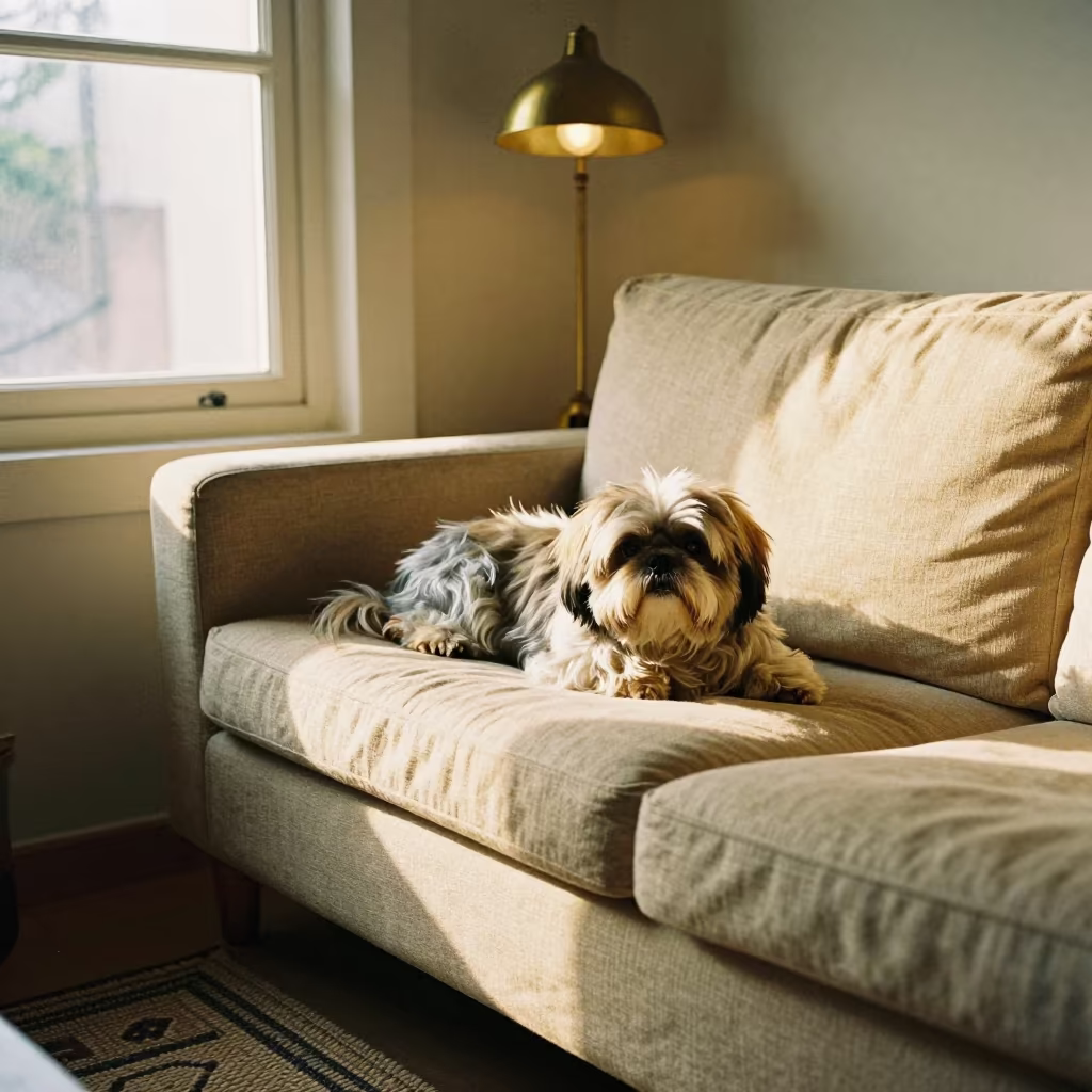 Shih Tzu Resting on Linen Sofa in Golden Window Light in on a linen sofa with daylight from a nearby window near Pune