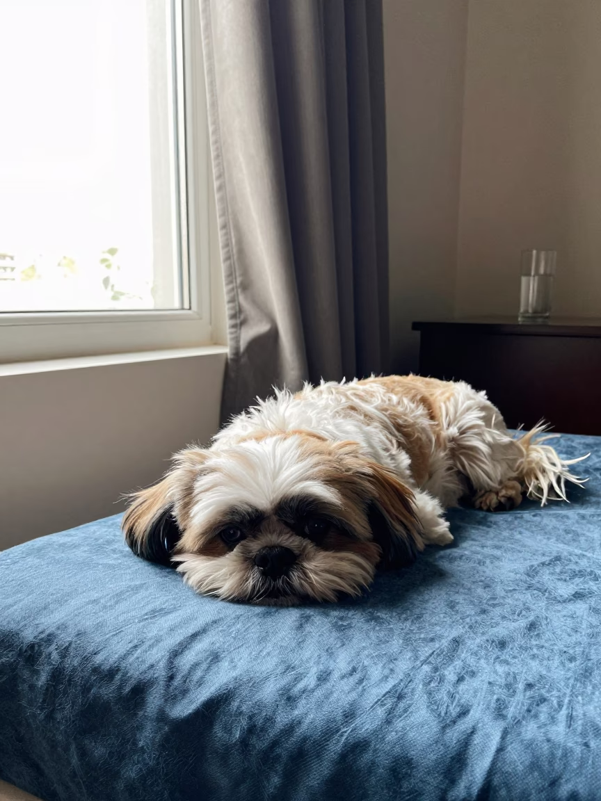 Shih Tzu Resting on Rumpled Bedspread Near Bright Window in on a bedspread near a bright window with calm indoor light in Guwahati