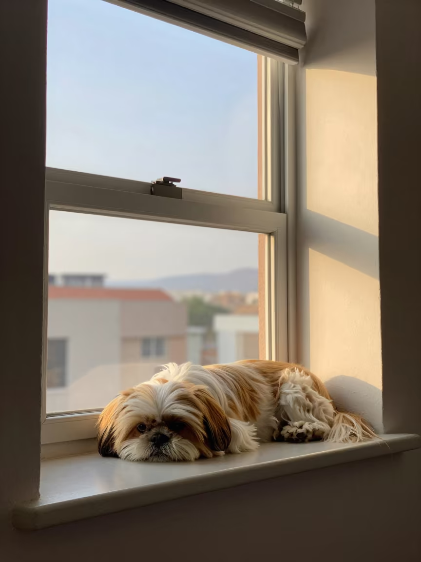 Shih Tzu Resting on Window Seat in Matola in on a window seat in a quiet apartment with soft side light in Matola