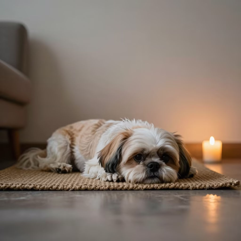 Shih Tzu Resting on Woven Rug at Sunset in on a woven rug beside a low couch and an uncluttered wall in Zhangjiajie
