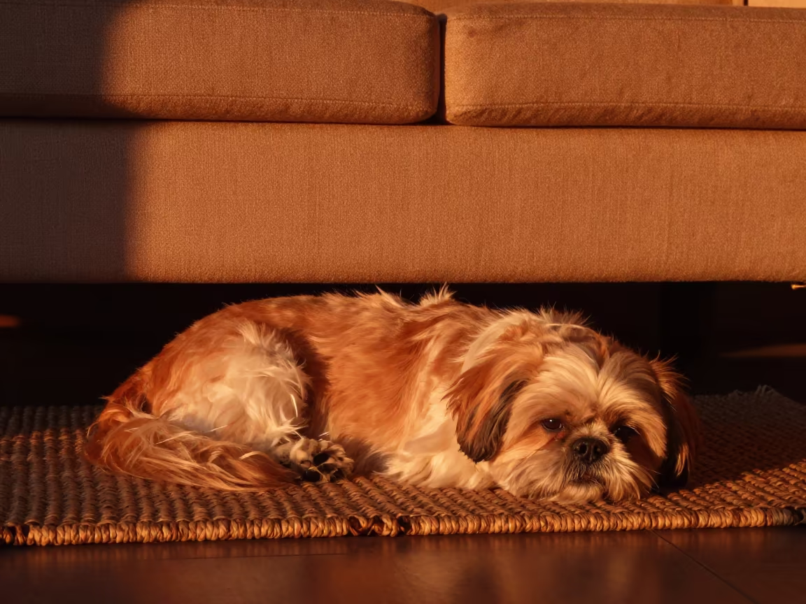 Shih Tzu Resting on Woven Rug in Recife Home in on a woven rug beside a low couch and an uncluttered wall in Recife