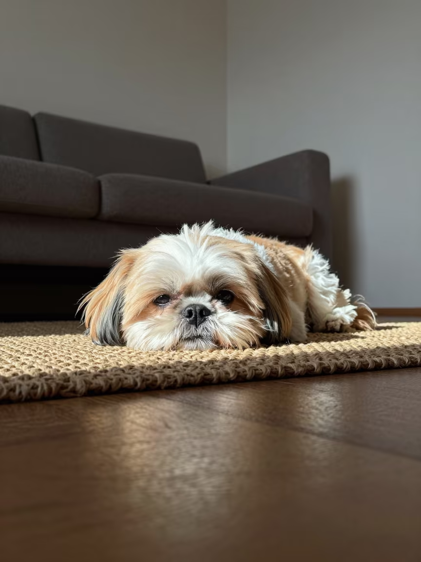 Shih Tzu Resting on Woven Rug Near Cologne in on a woven rug beside a low couch and an uncluttered wall near Cologne