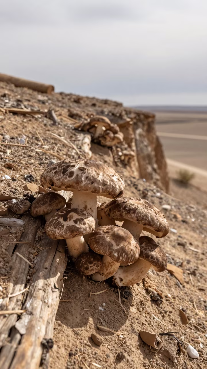 Shiitake Log on Gobi Cliff Edge in along a salt-sprayed cliff edge in the Gobi Desert